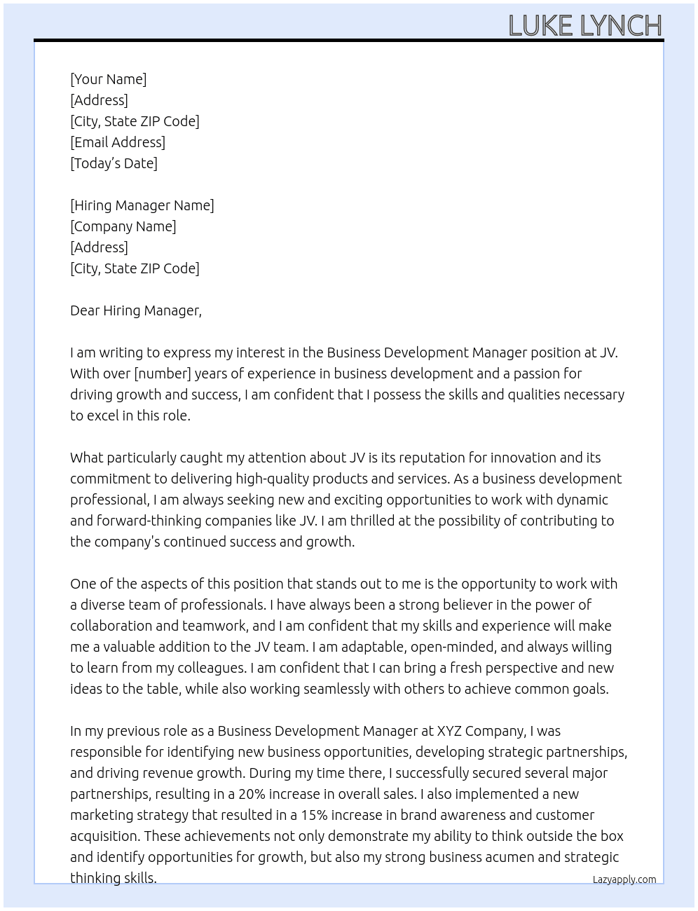 Business Development Manager At JV Cover Letter