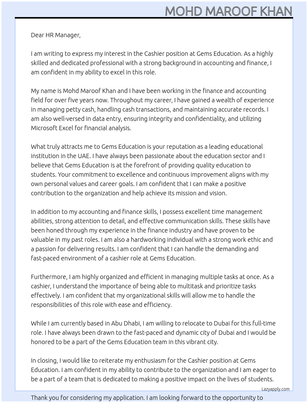 Cashier At Gems Education Cover Letter