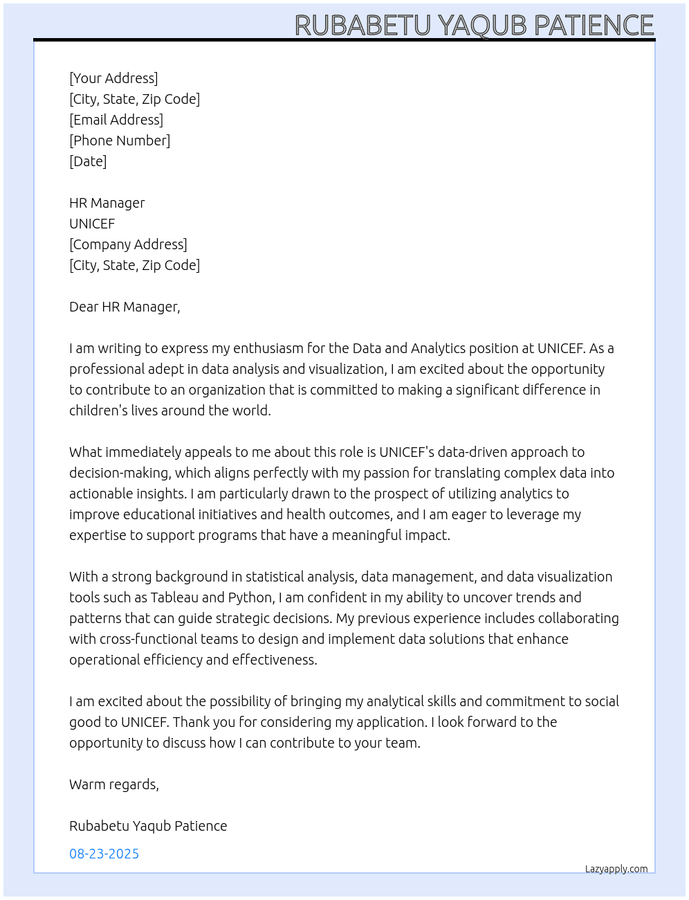 Cover letter for data and analytics - LazyApply