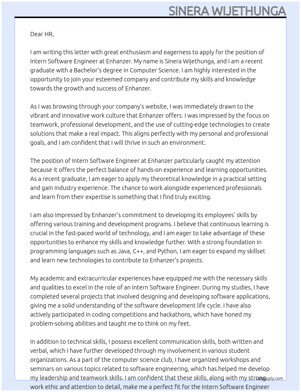 intern software engineer At Enhanzer Cover Letter