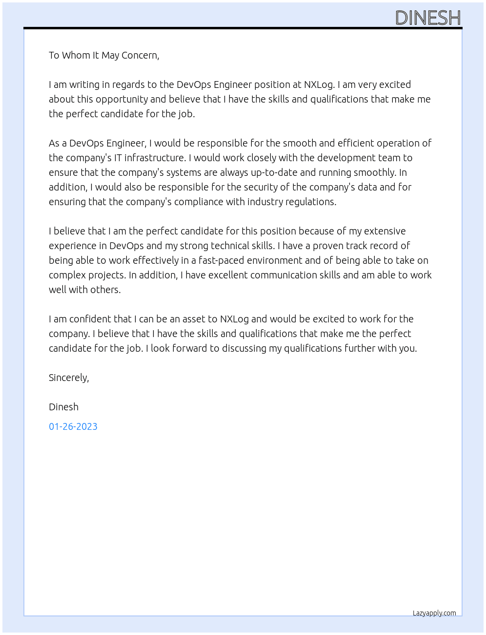 DevOps Engineer At NXLog Cover Letter