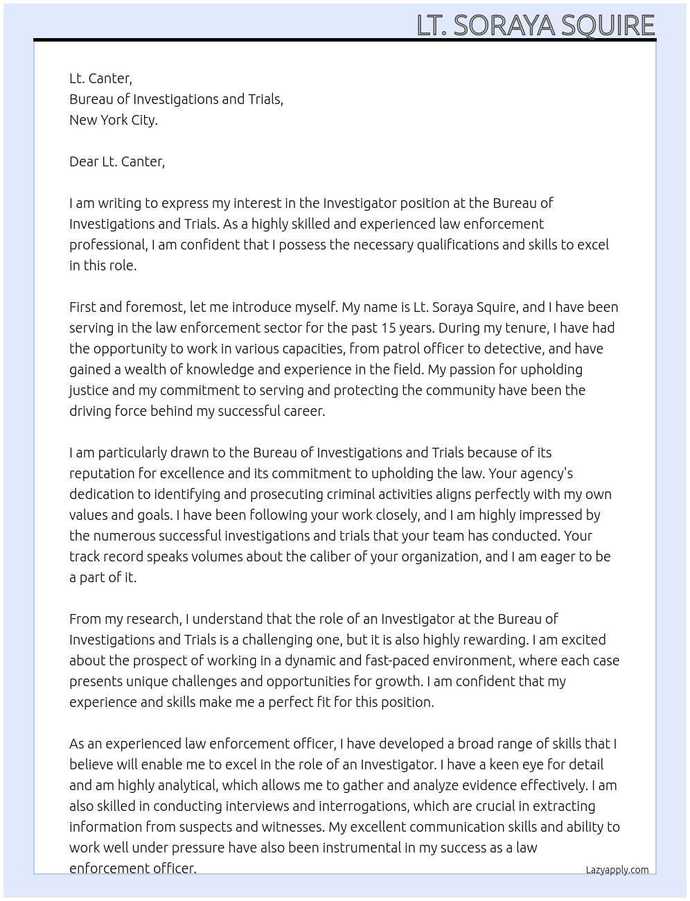 Investigator  At Bureau of Investigations and Trials Cover Letter