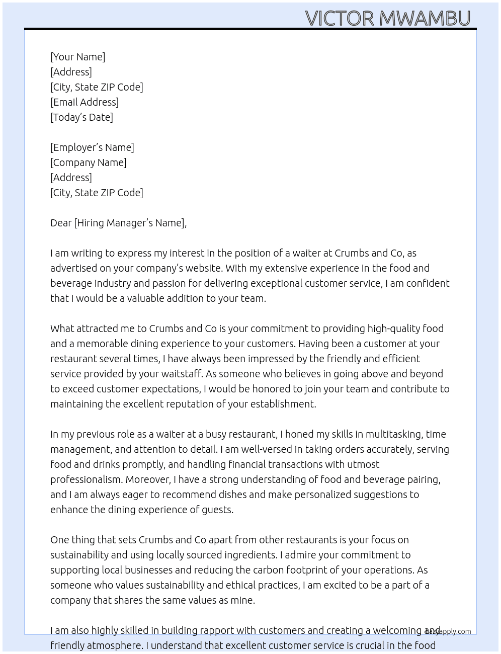 waiter At Crumbs and Co  Cover Letter