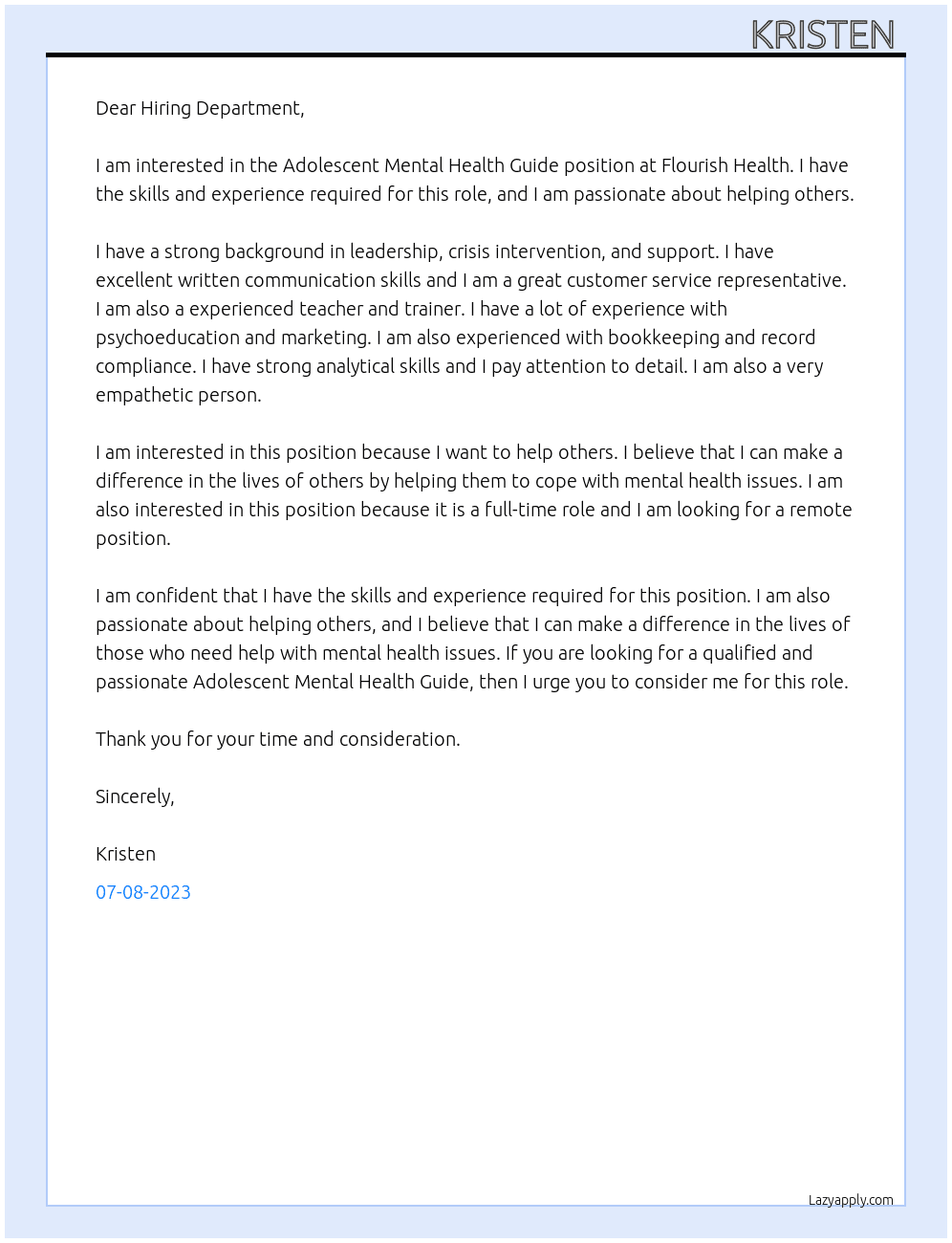 Adolescent Mental Health Guide At Flourish Health Cover Letter
