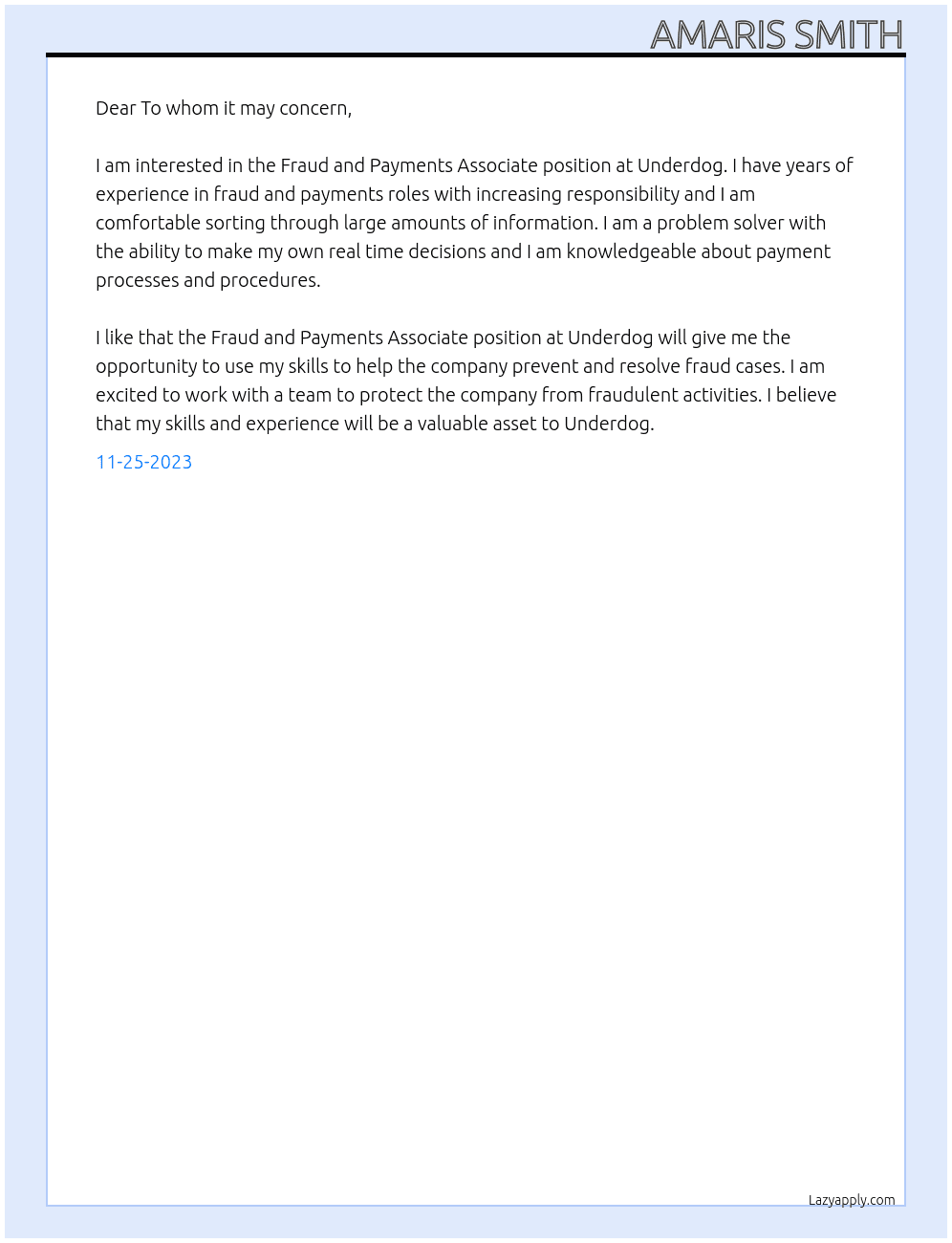 Fraud and Payments Associate At Underdog Cover Letter