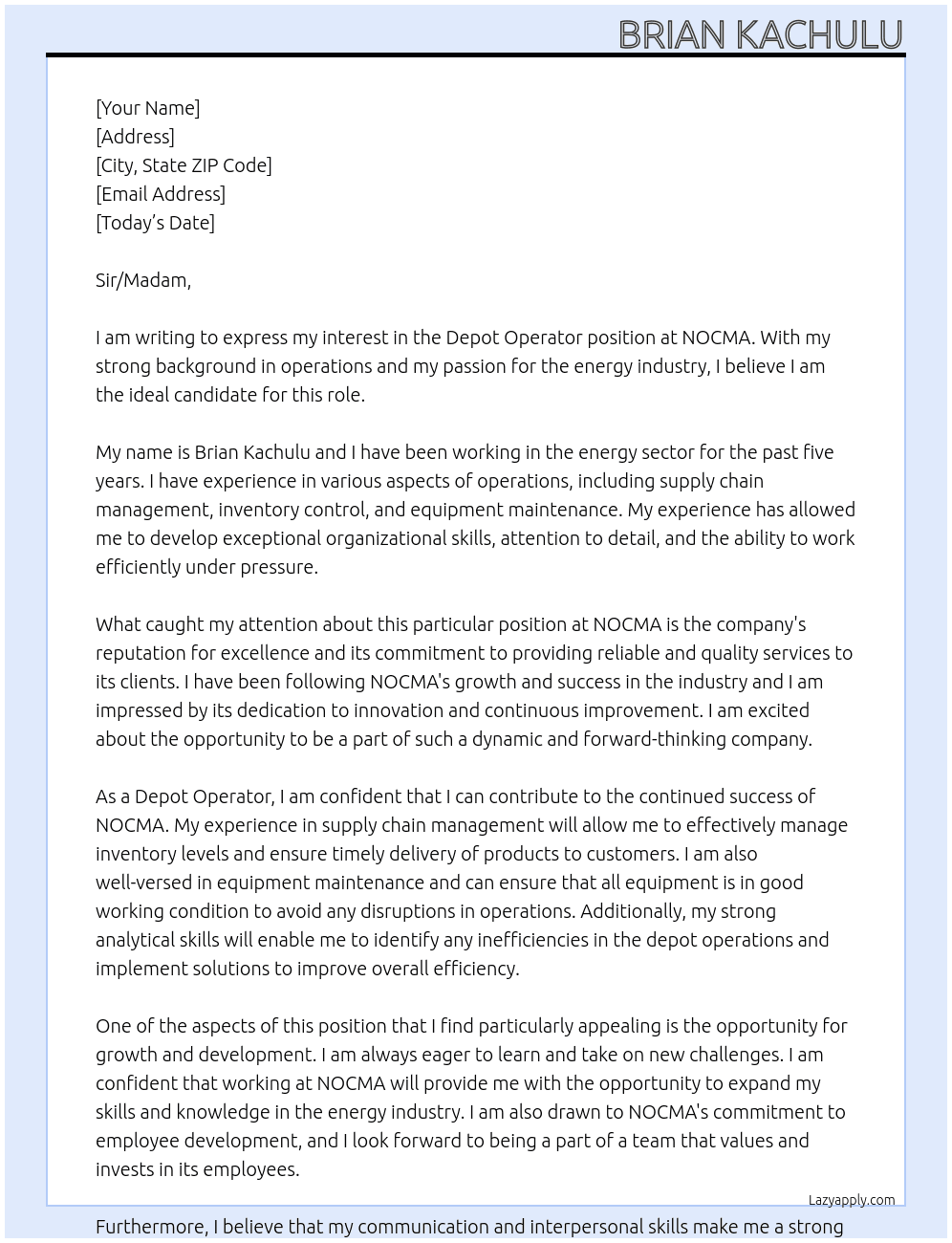 Depot Operator  At NOCMA Cover Letter