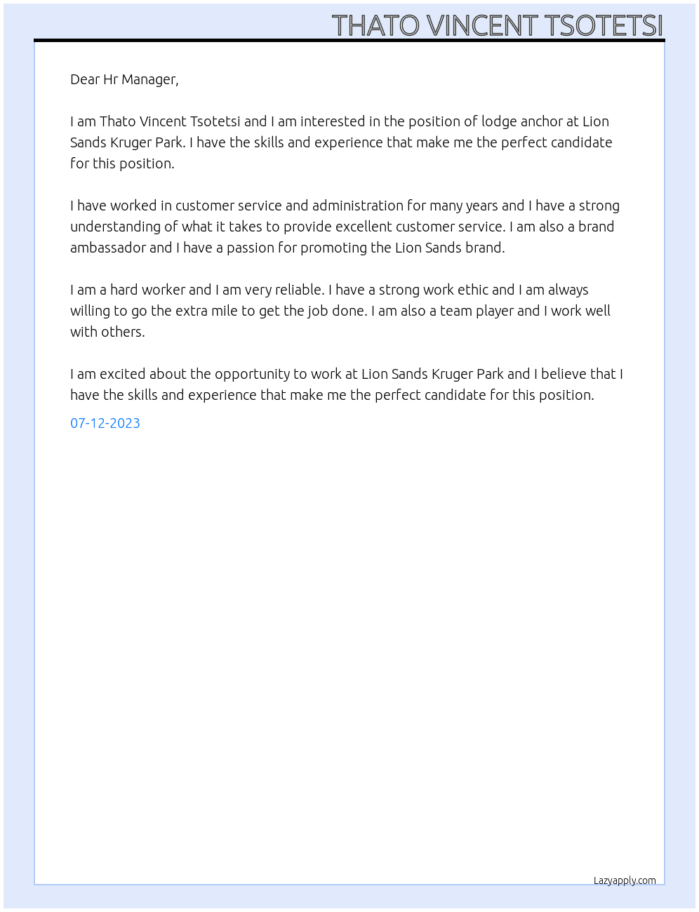 lodge anchor At Lion Sands Kruger Park Cover Letter