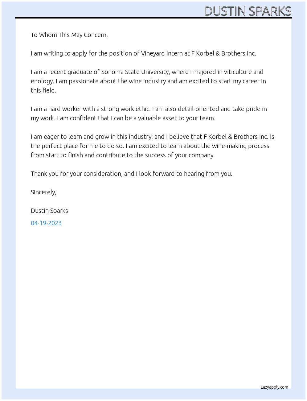 Vineyard Intern  At F Korbel & Brothers Inc. Cover Letter