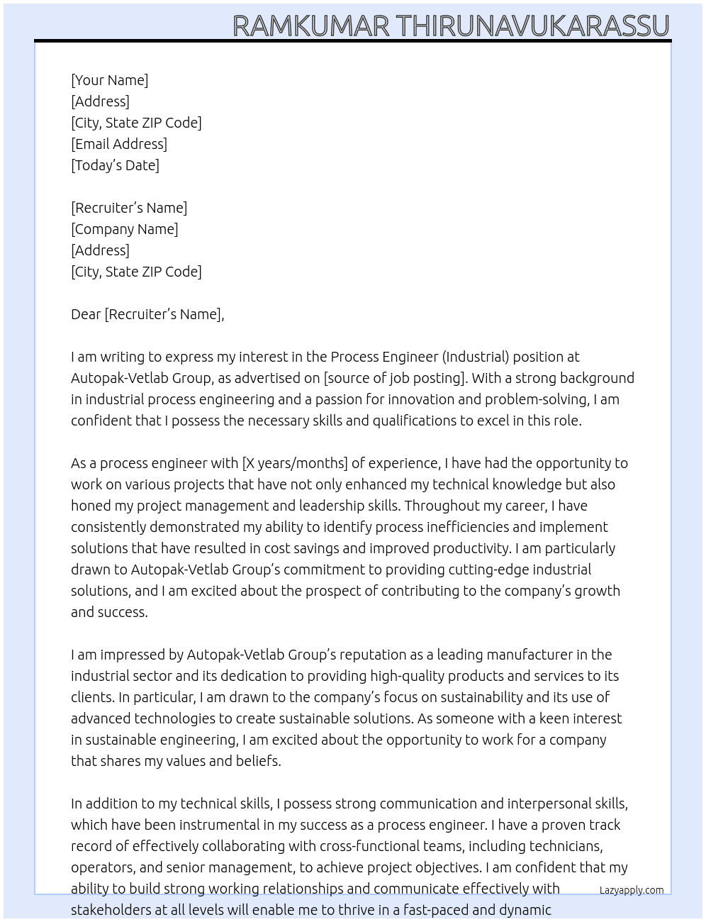 Process Engineer (Industrial) At Autopak-Vetlab Group Cover Letter