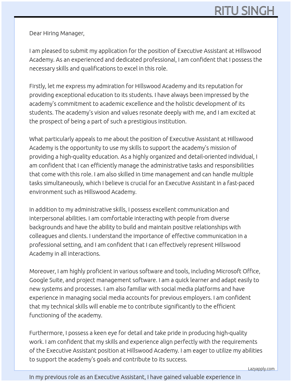 Executive Assistant  At Hillswood Academy  Cover Letter