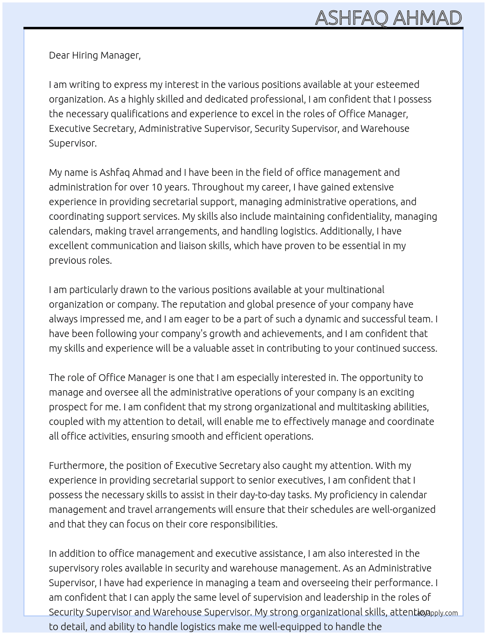Office Manager, Executive Secretary, Administrative Supervisor, Security Supervisor, Warehouse Supervisor At Multinational Organization or Company Cover Letter