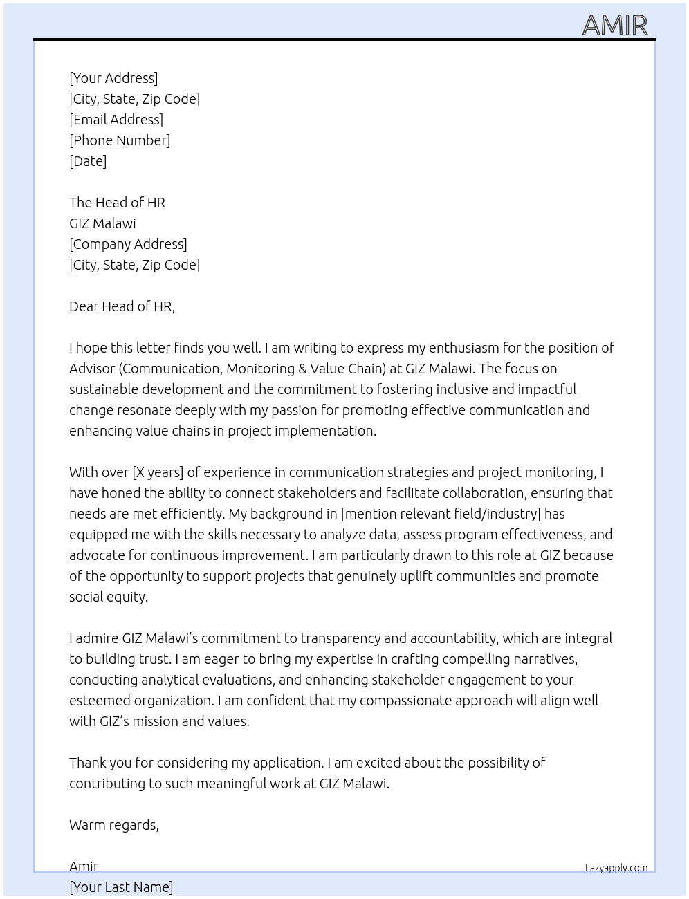 ADVISOR (COMMUNICATION, MONITORING & VALUE CHAIN) At GIZ Malawi Cover Letter
