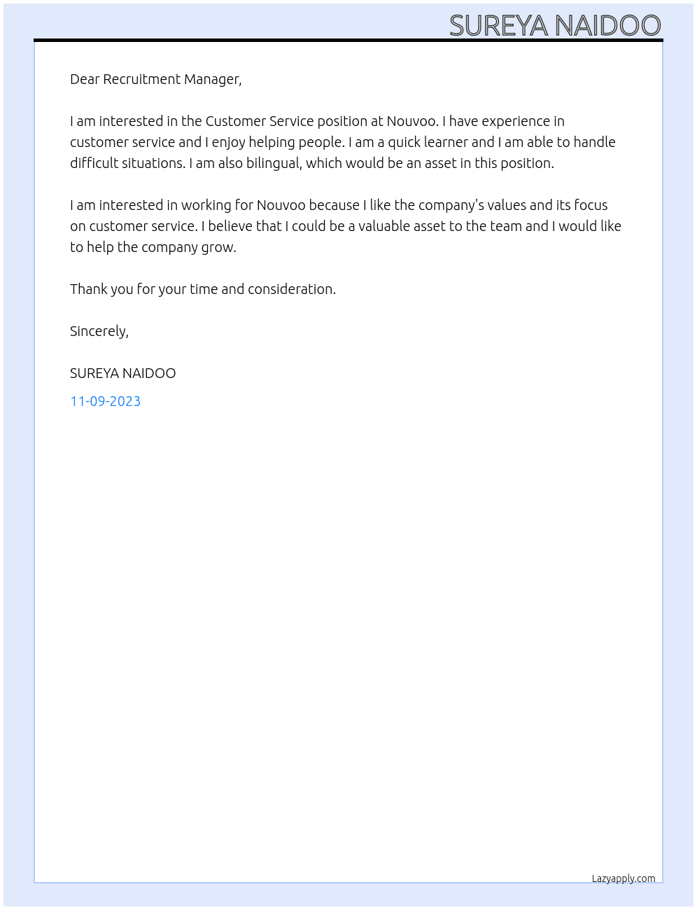 Customer Service At Nouvoo Cover Letter