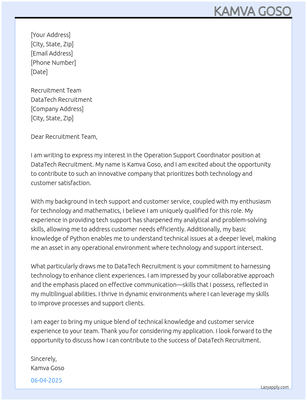 Operation Support Coordinator  At DataTech Recruitment  Cover Letter