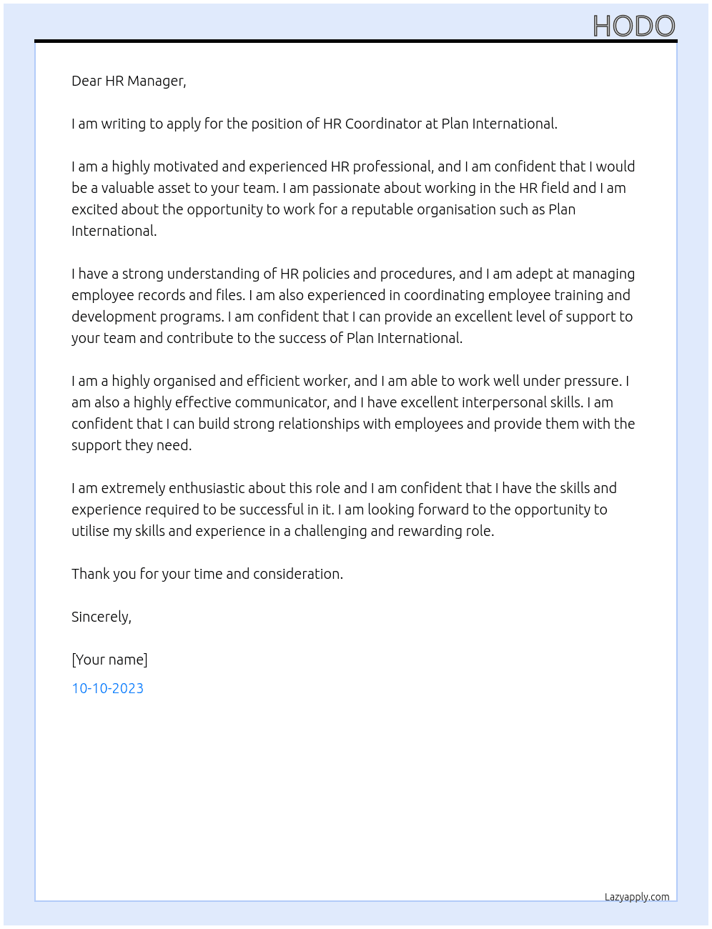 hr coordinator At plan international Cover Letter