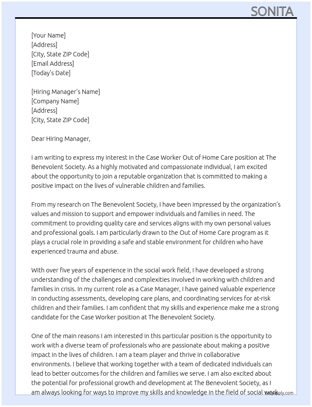 Case Worker Out of Home Care At The Benevolent Society Cover Letter