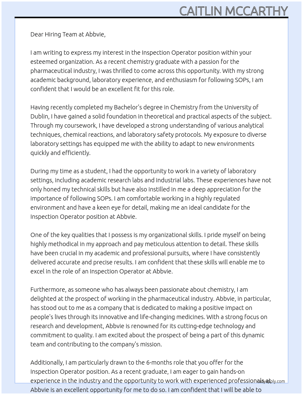 Inspection Operator  At Abbvie Cover Letter