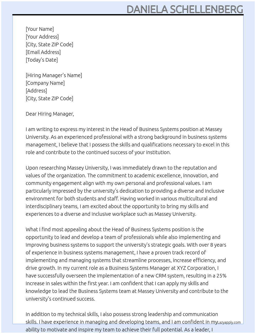 Head of Business Systems  At Massey University Cover Letter