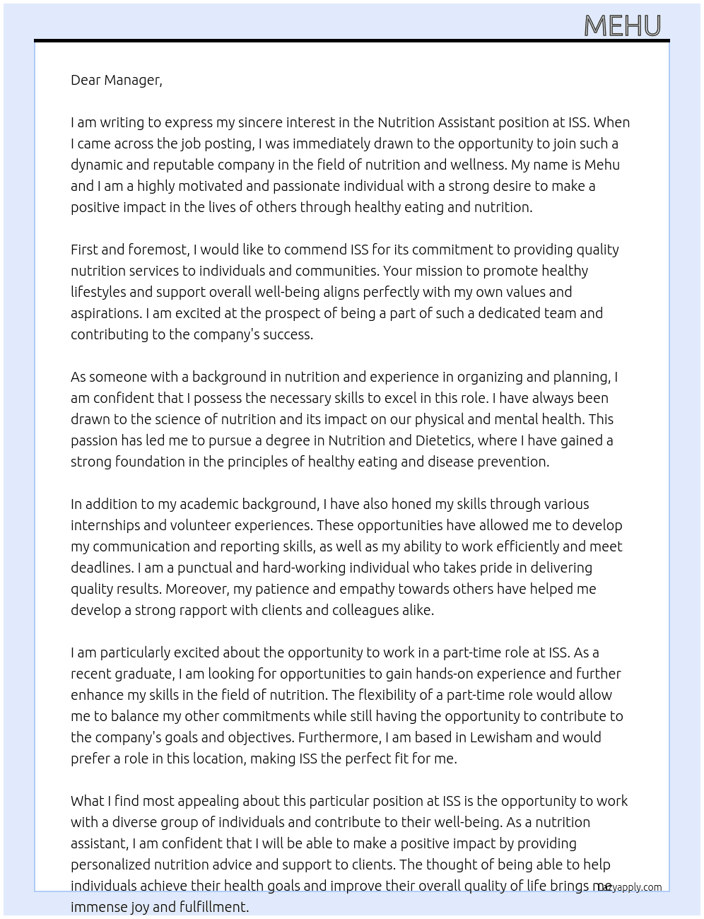 nutrition assistant  At iss Cover Letter