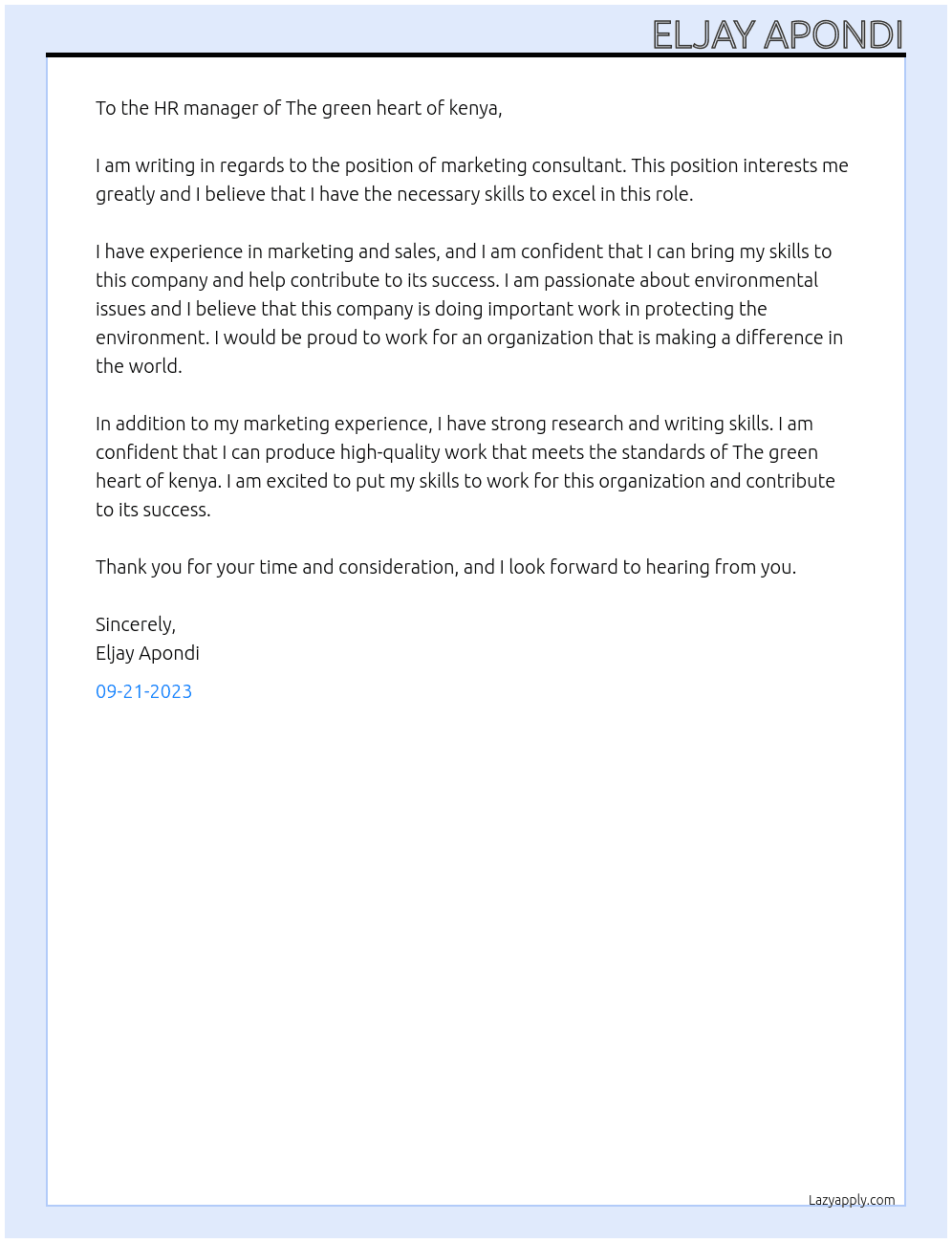 Marketing consultant  At The green heart of kenya Cover Letter