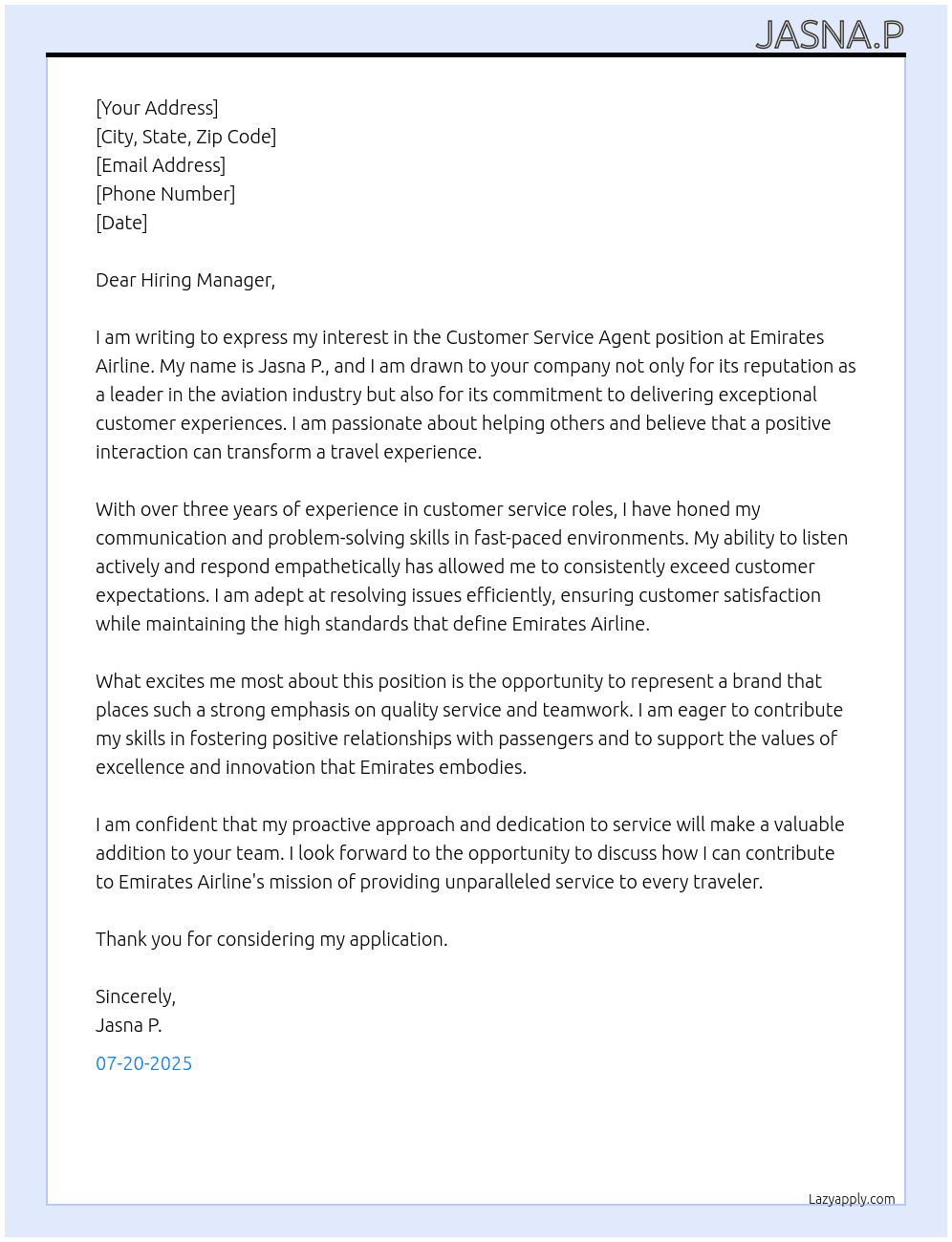 customer service Agent At Emirates Airline Cover Letter