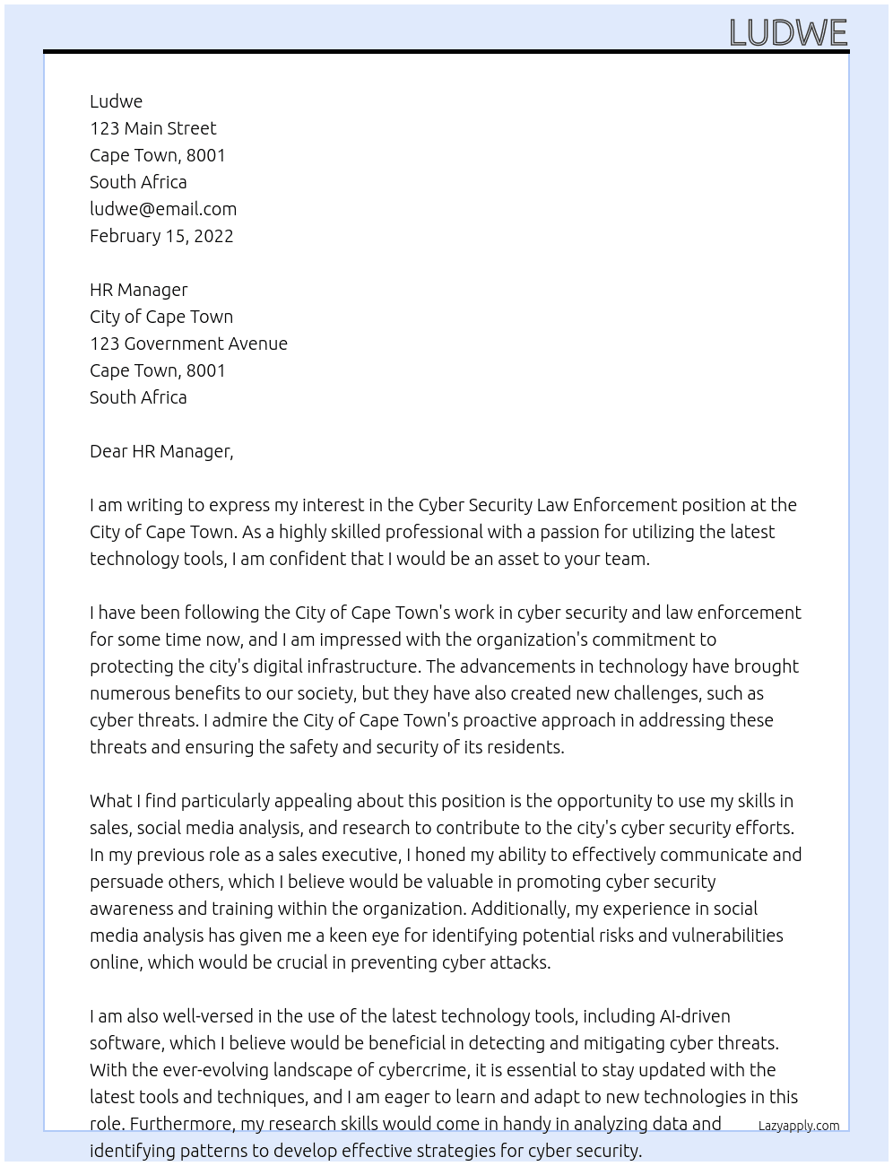 Cyber security law enforcement  At City of Cape Town  Cover Letter