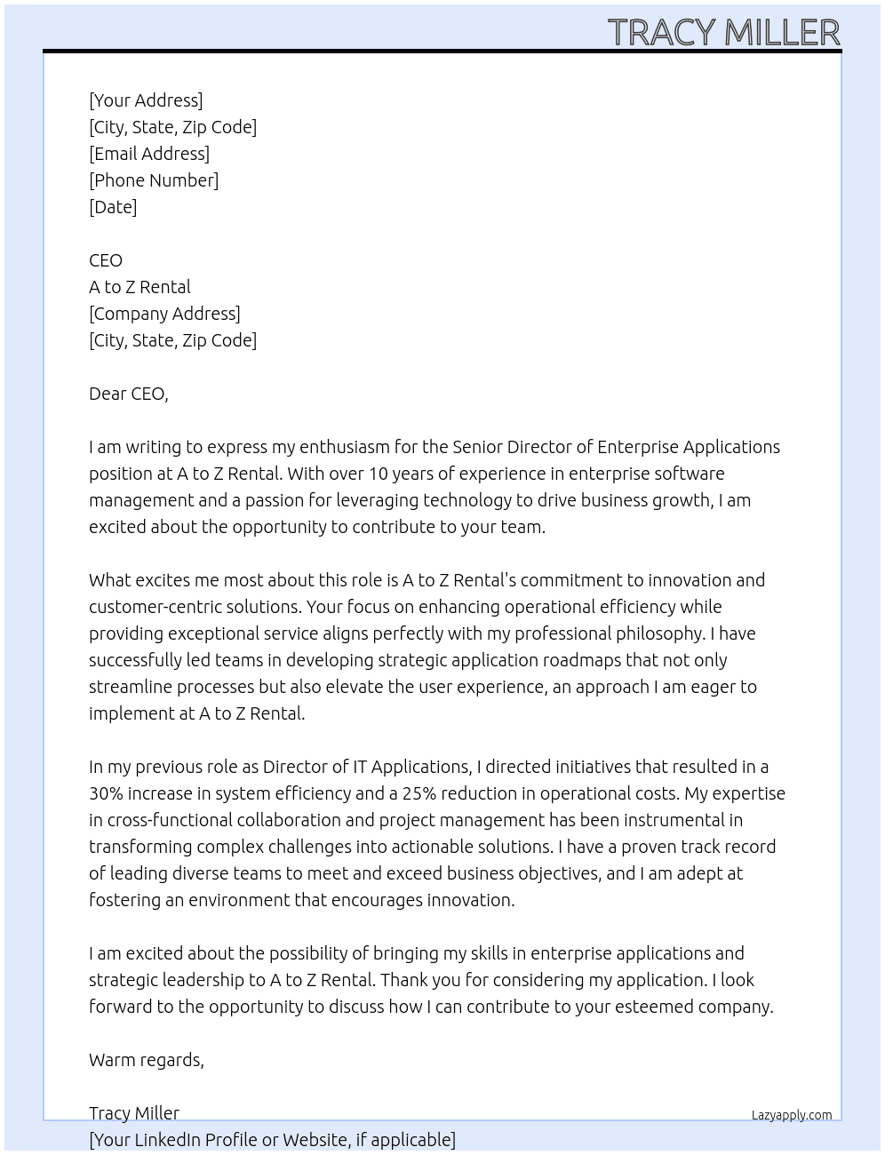 Senior Director Enterprise Applications  At A to Z rental Cover Letter