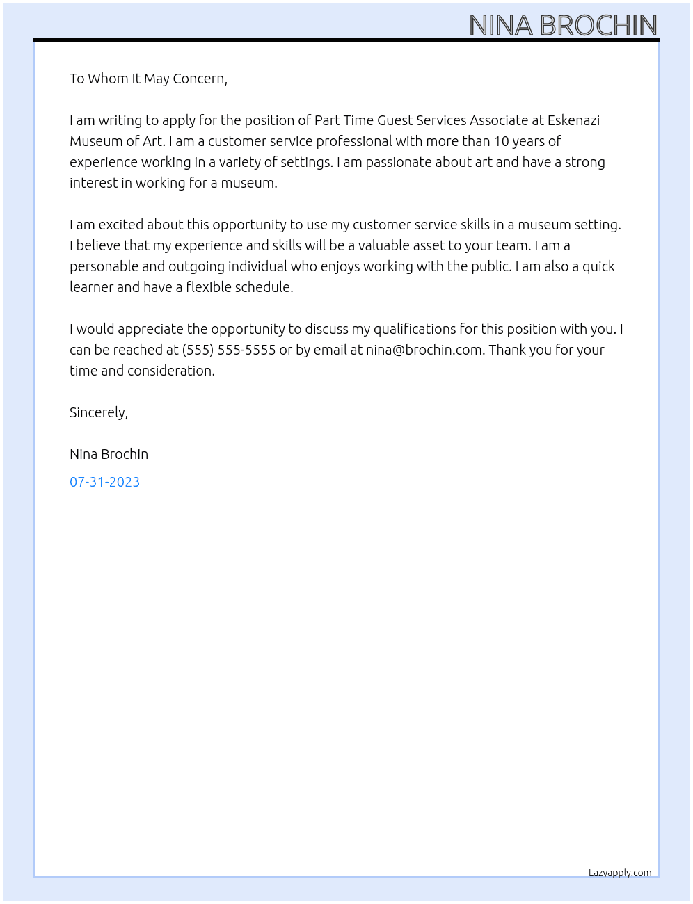 Part Time Guest Services Associate At Eskenazi Museum of Art Cover Letter