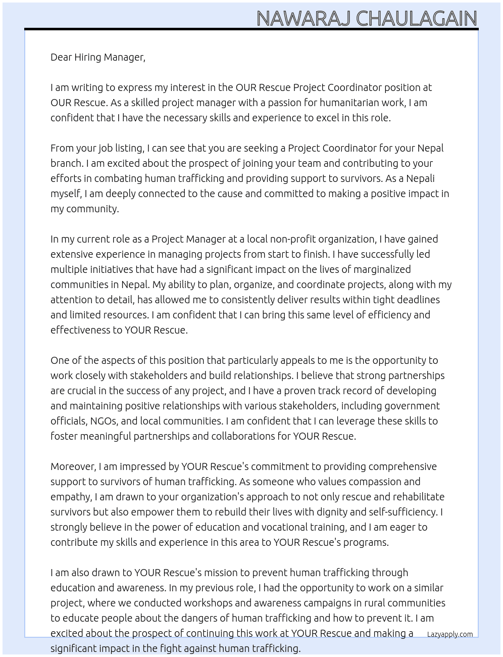 OUR Rescue Project Coordinator - Nepal At OUR Rescue Cover Letter