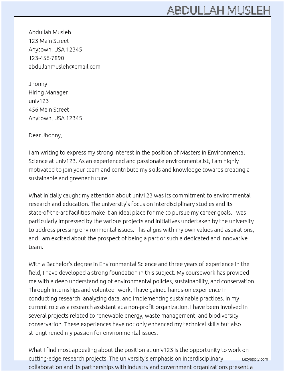 Masters in Environmental Science  At univ123 Cover Letter