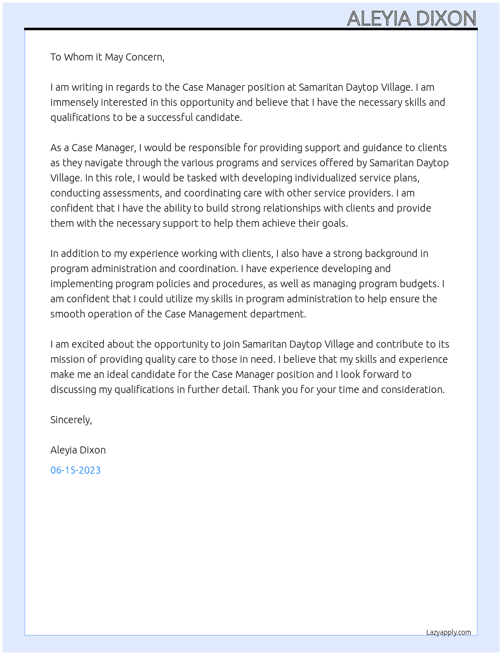 Case Manager At Samaritan Daytop Village Cover Letter