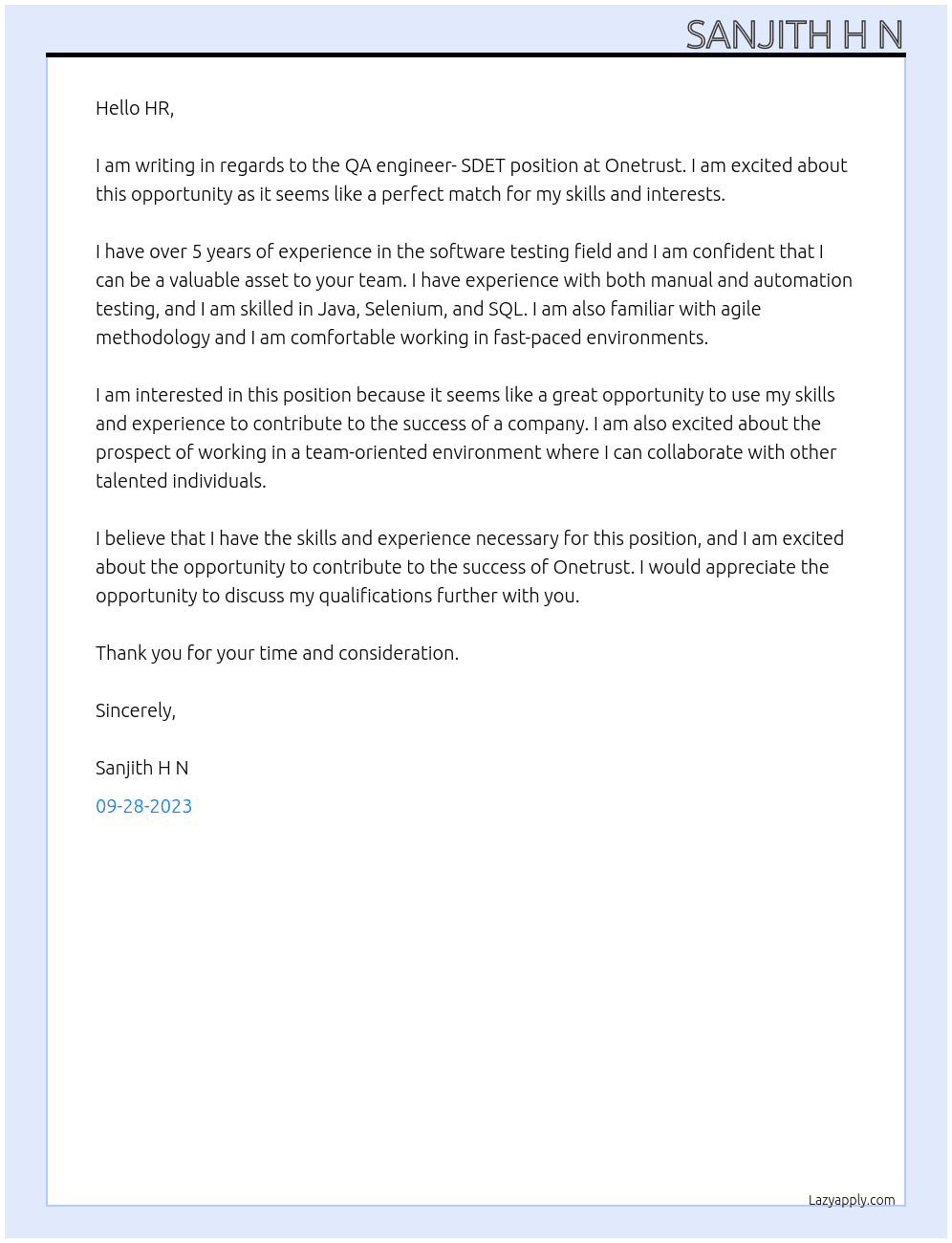 QA engineer- SDET At Onetrust  Cover Letter
