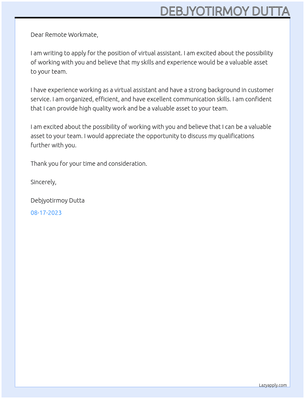 virtual assistant  At Remote Workmate Cover Letter