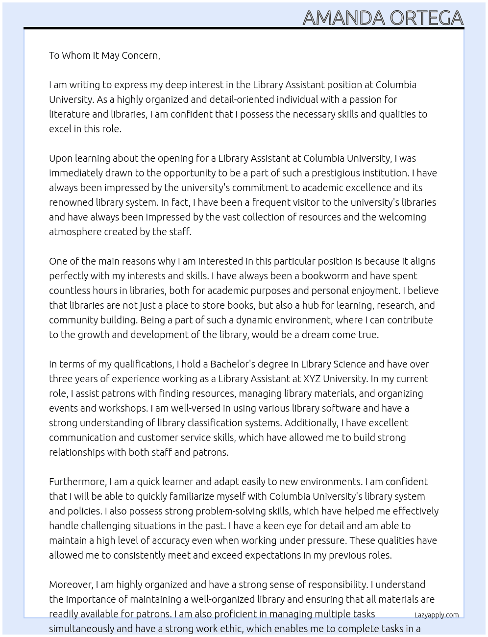 Library Assistant At Columbia University Cover Letter