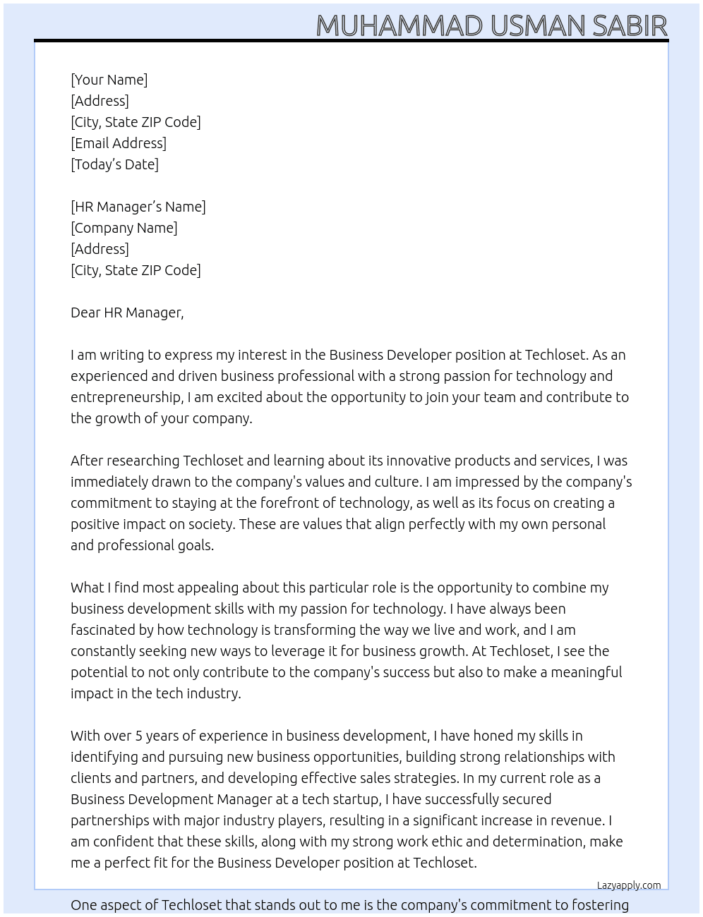 Business Developer At Techloset Cover Letter