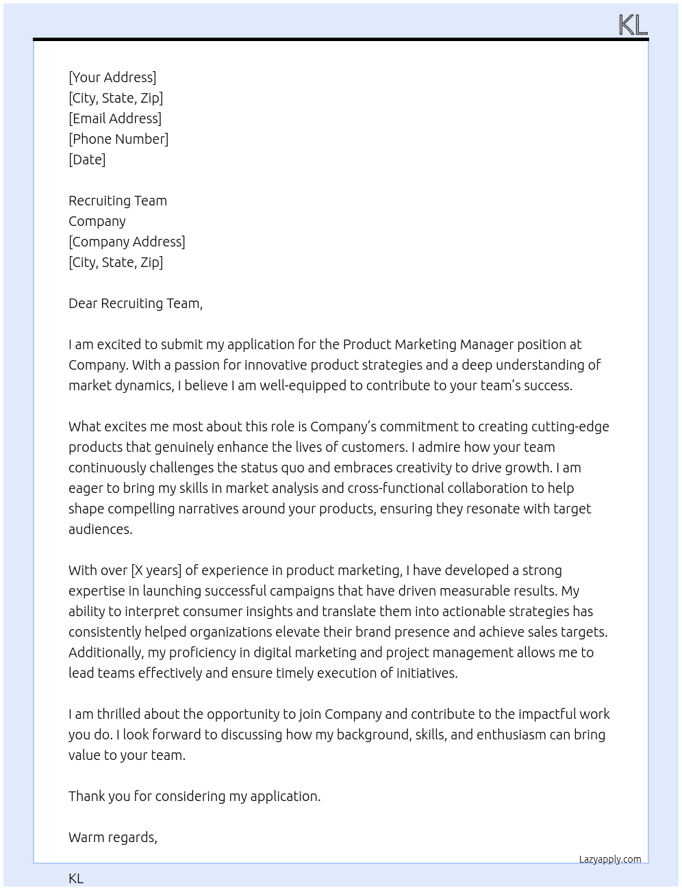 Product Marketing Manager  At Company Cover Letter