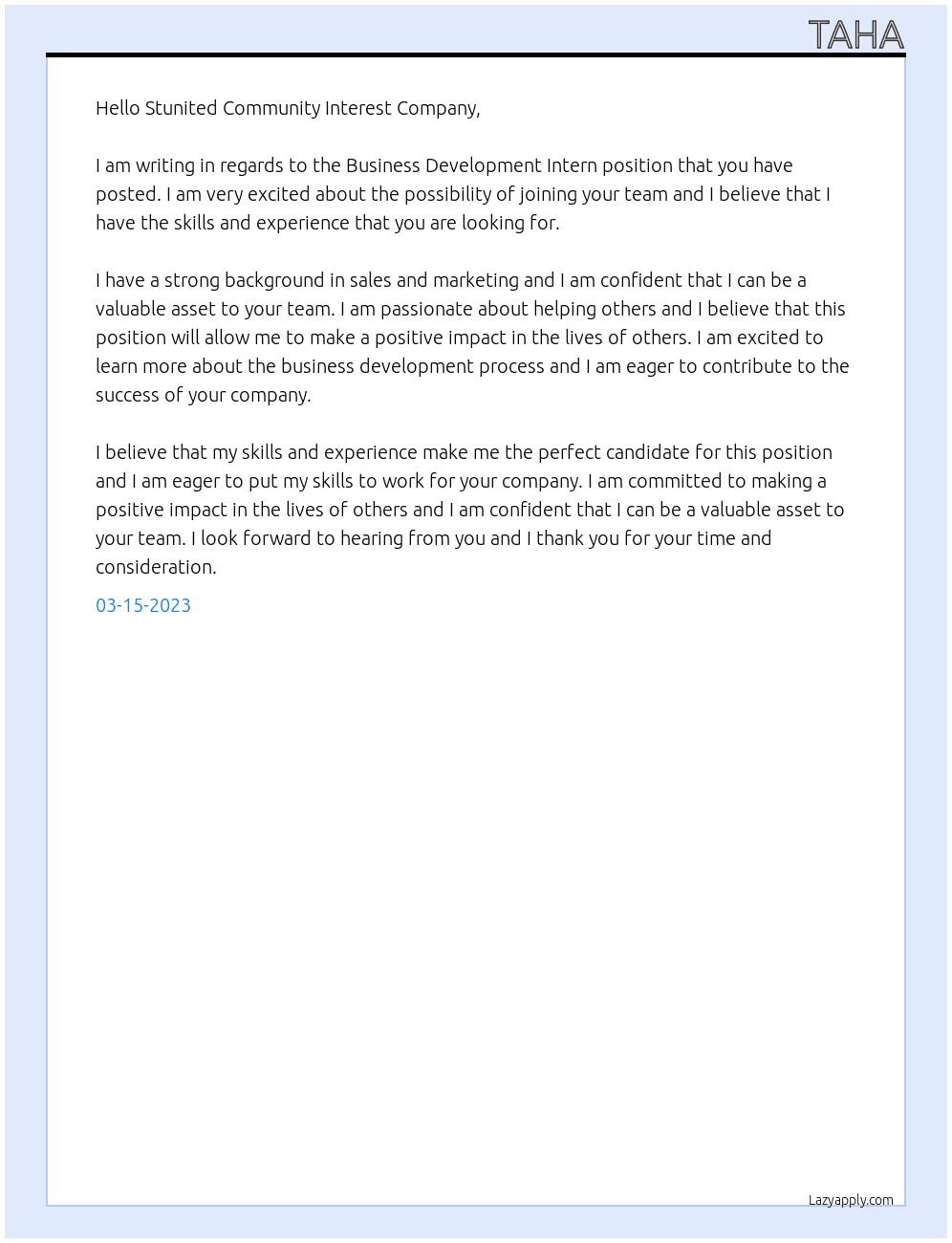 Business development intern At Stunited Community Interest Company Cover Letter