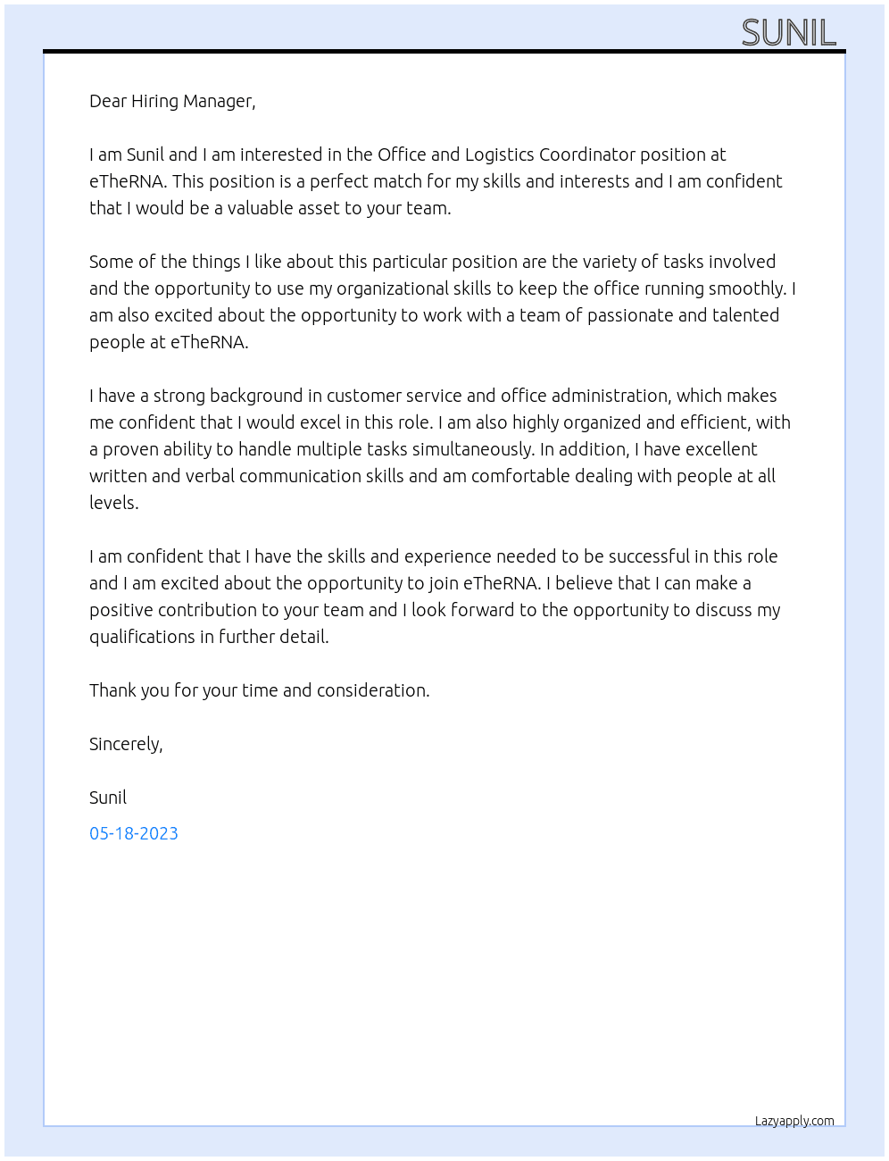 Office and Logistics Coordinator  At eTheRNA Cover Letter