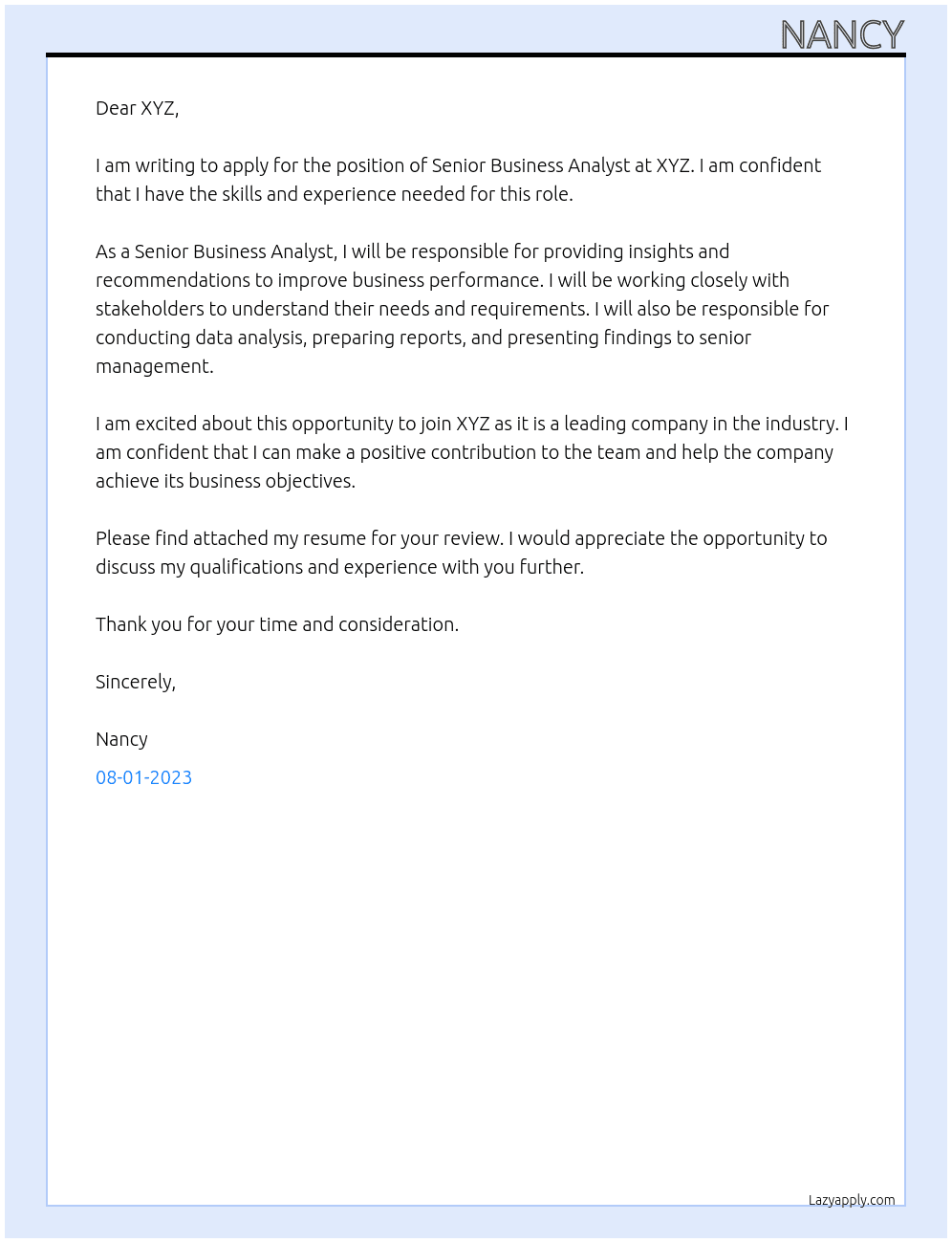 Senior Business Analyst At XYZ Cover Letter