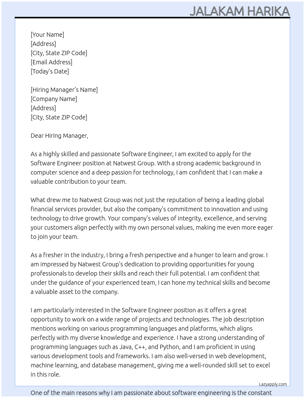 Software Engineer - fresher  At Natwest Group  Cover Letter