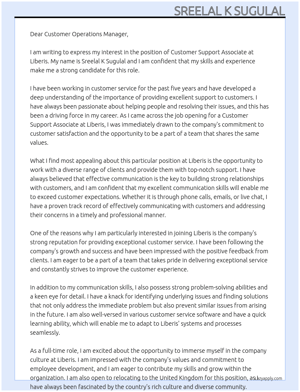 Customer Support Associate At Liberis Cover Letter
