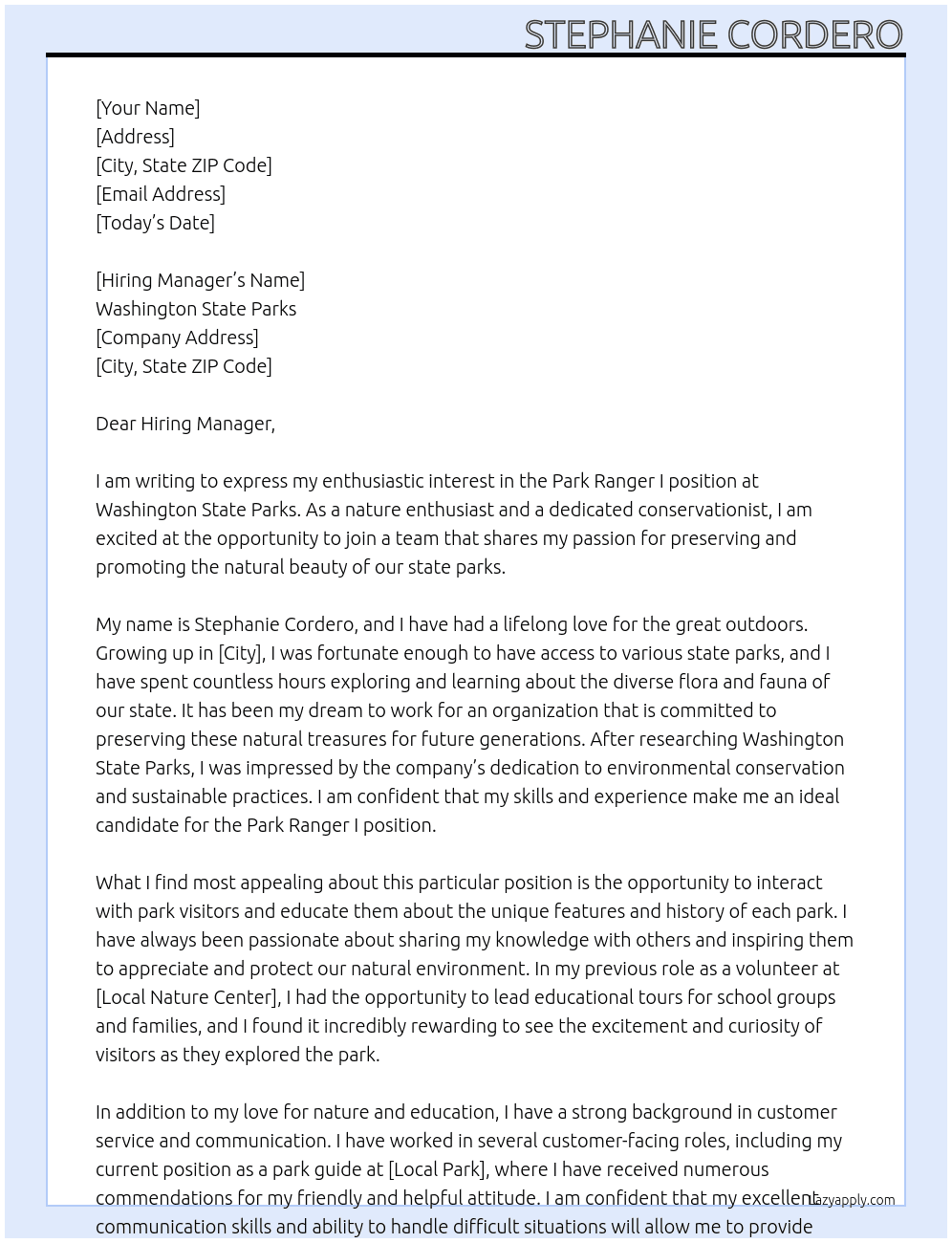 Park Ranger I At Washington State Parks Cover Letter
