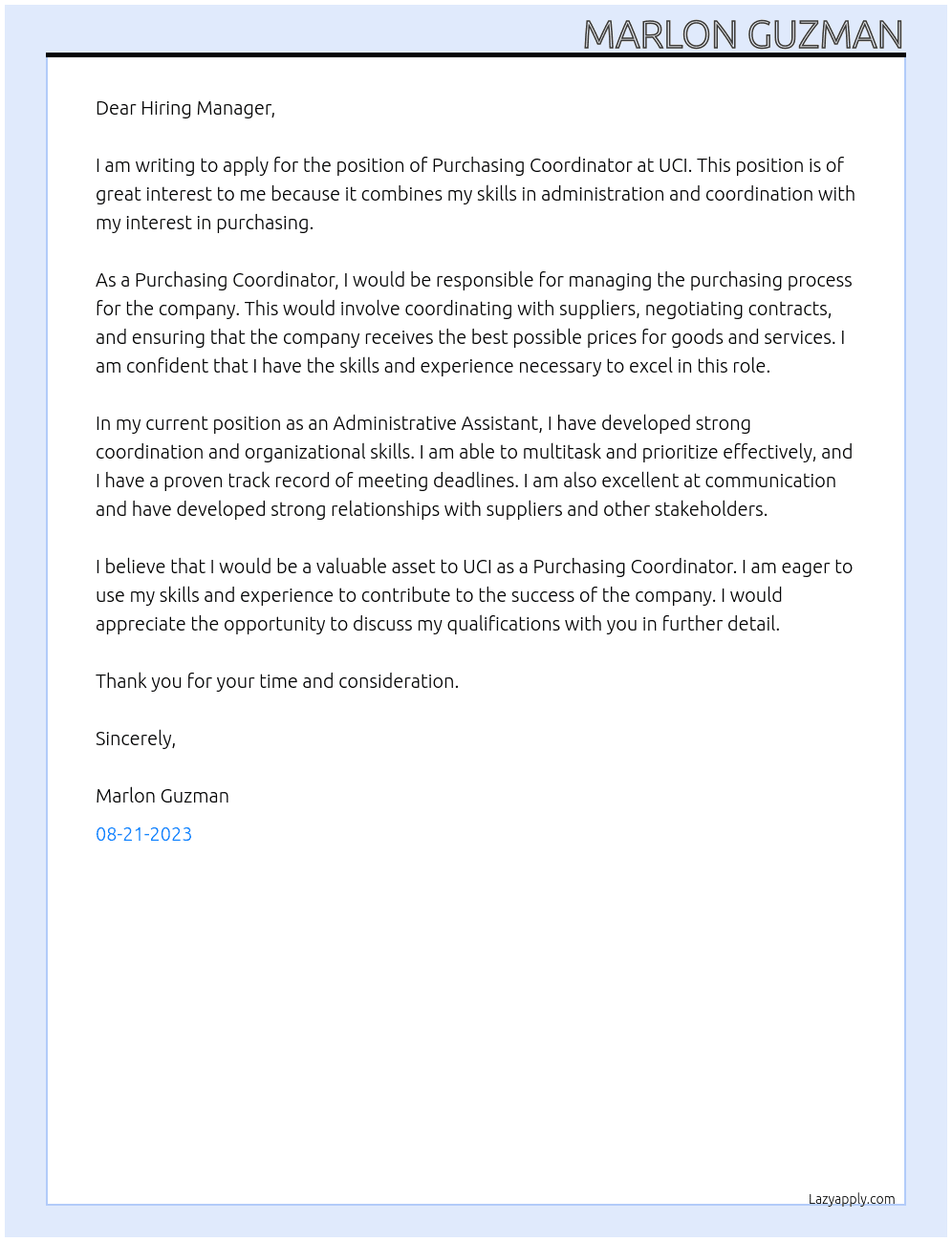 Purchasing Coordinator At UCI Cover Letter