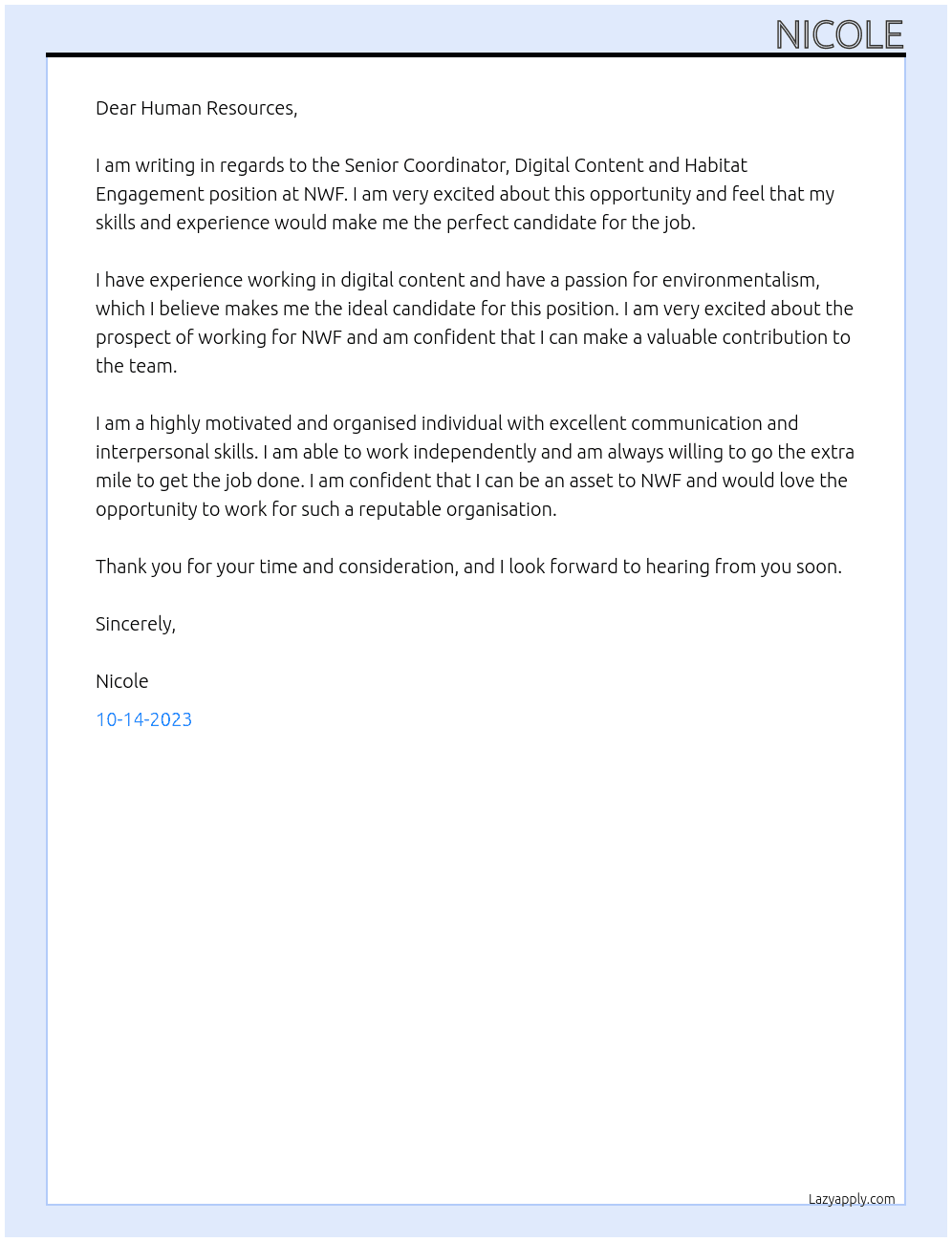 Senior Coordinator, Digital Content and Habitat Engagement At NWF Cover Letter