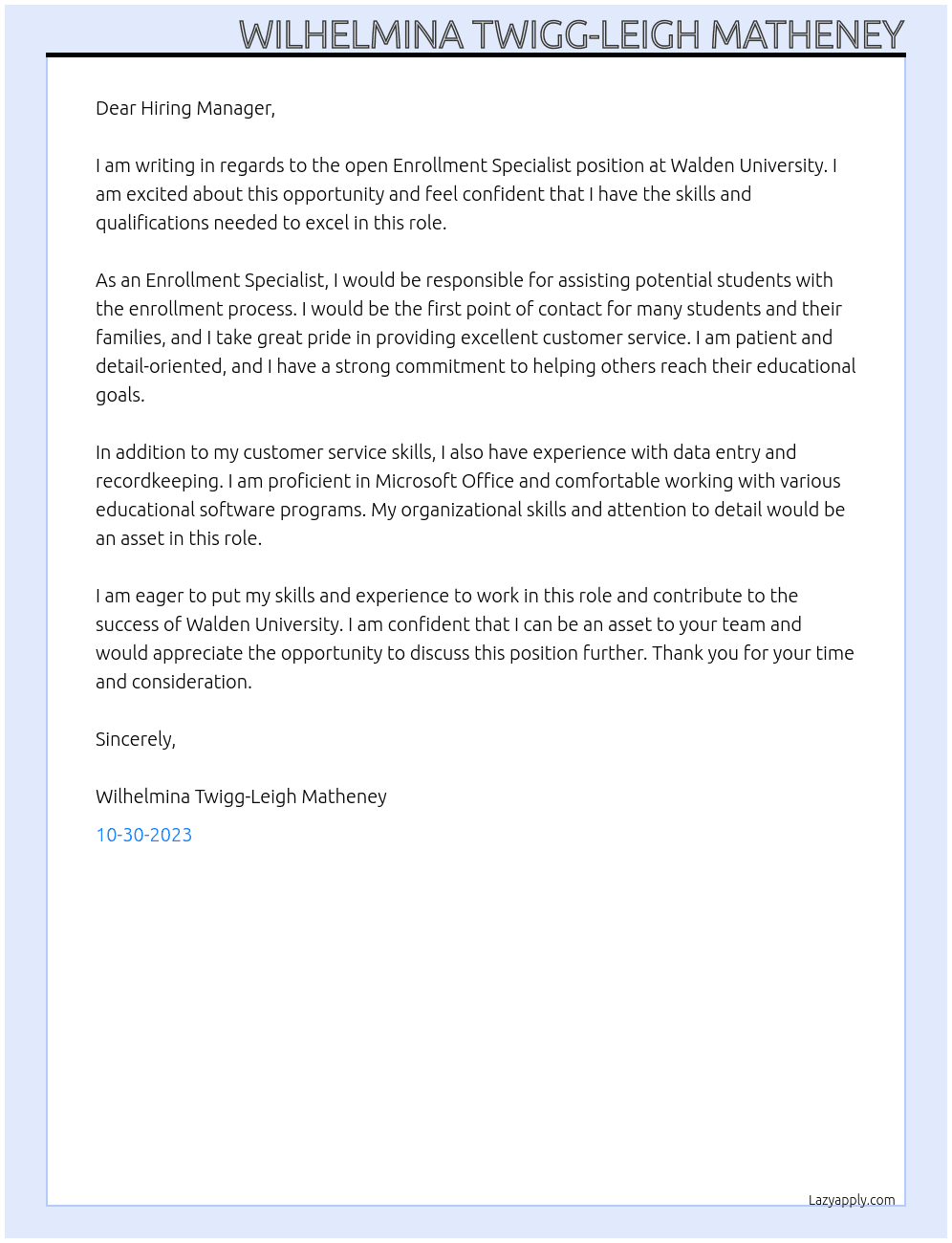 Enrollment Specialist At Walden Universiry Cover Letter