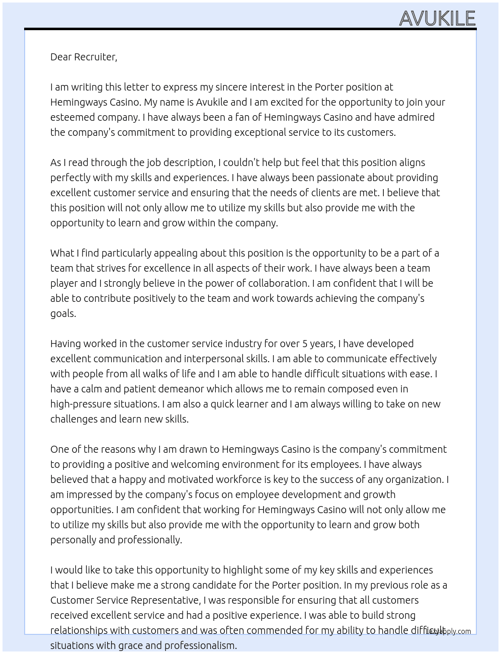 Porter At Hemingways Casino Cover Letter