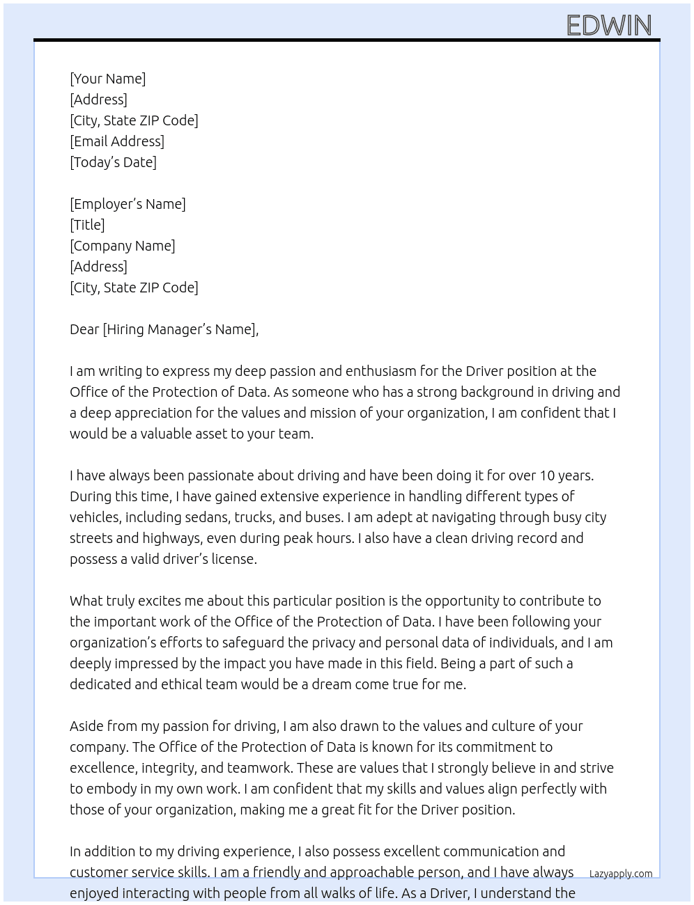 Driver  At Office of the protection of data  Cover Letter