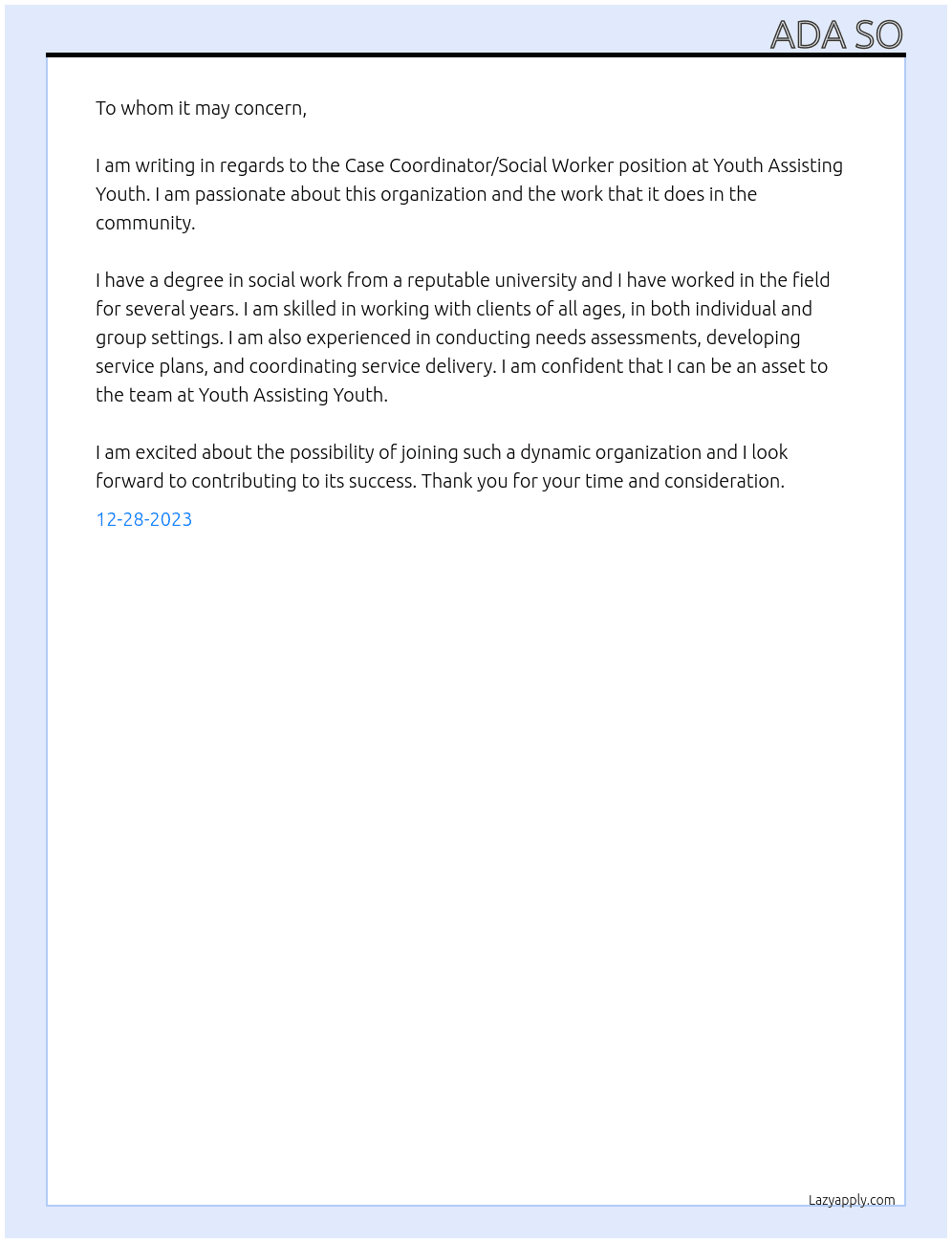  Case Coordinator/Social Worker At Youth Assisting Yout Cover Letter