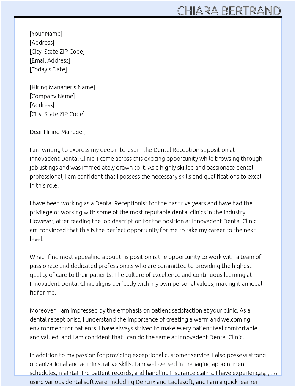 Dental Receptionist At Innovadent Dental Clinic Cover Letter