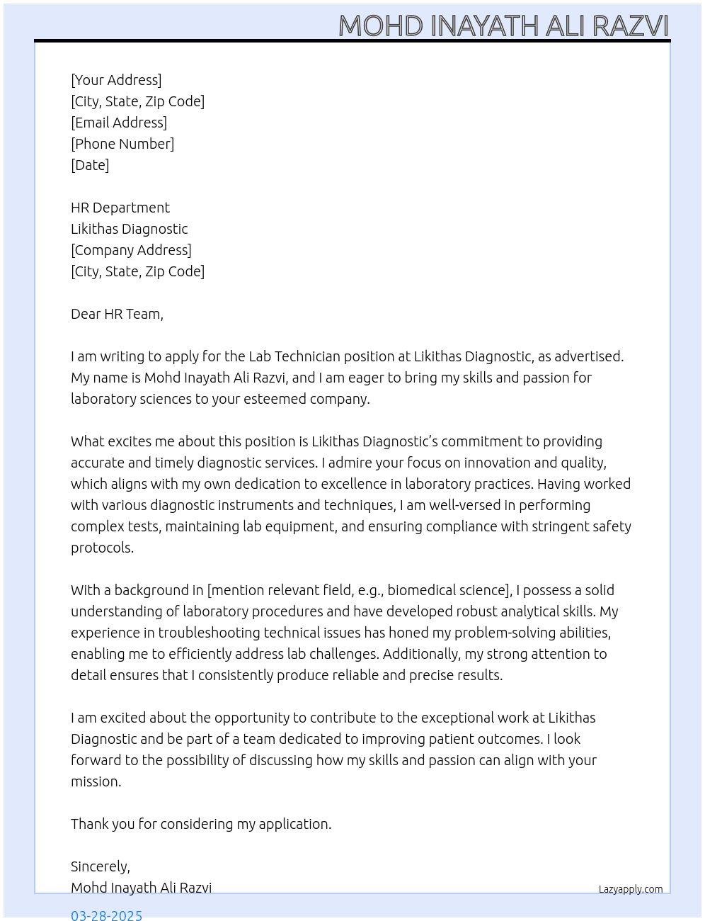 Lab technician  At Likithas diagnostic  Cover Letter